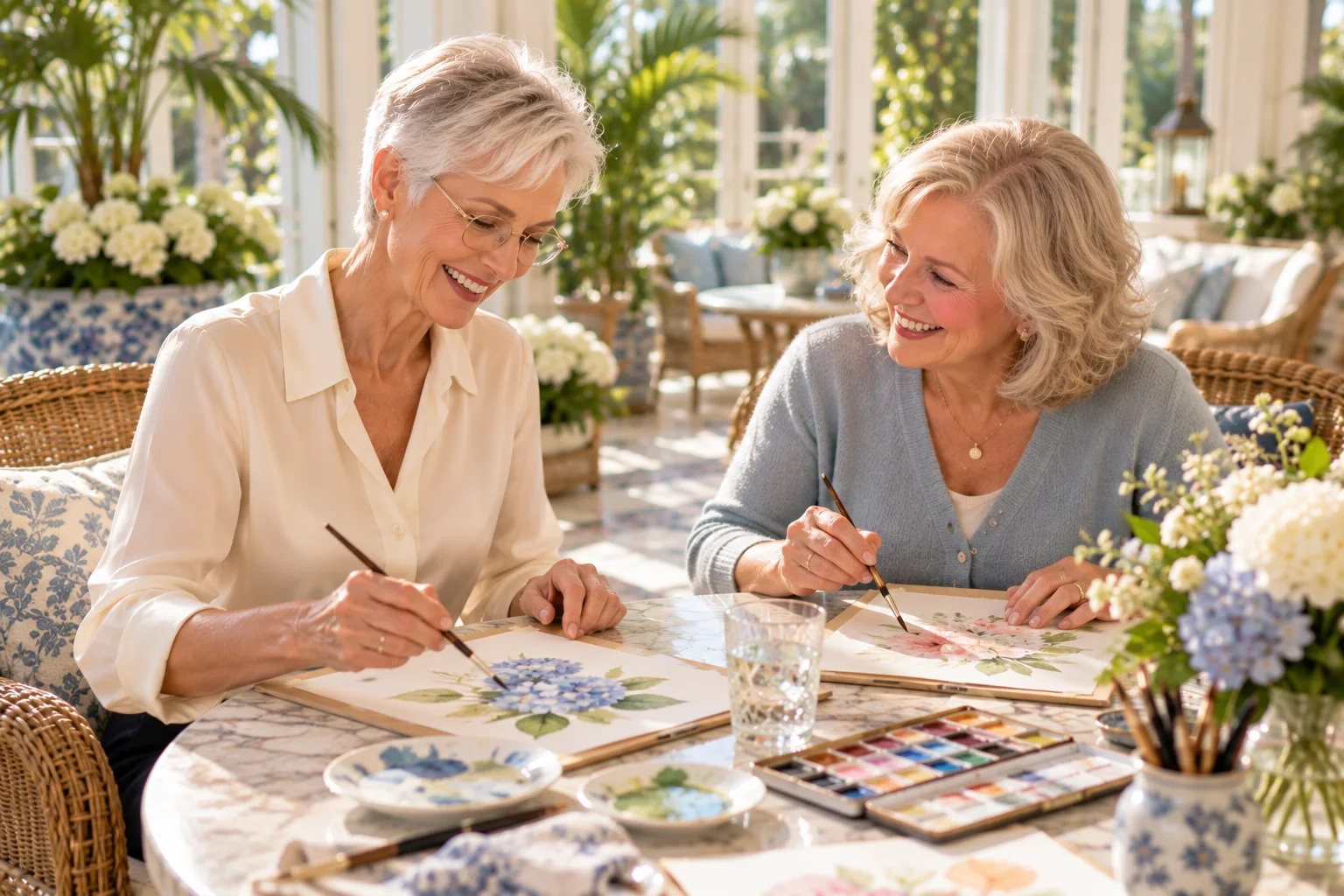 Two senior women painting watercolors together