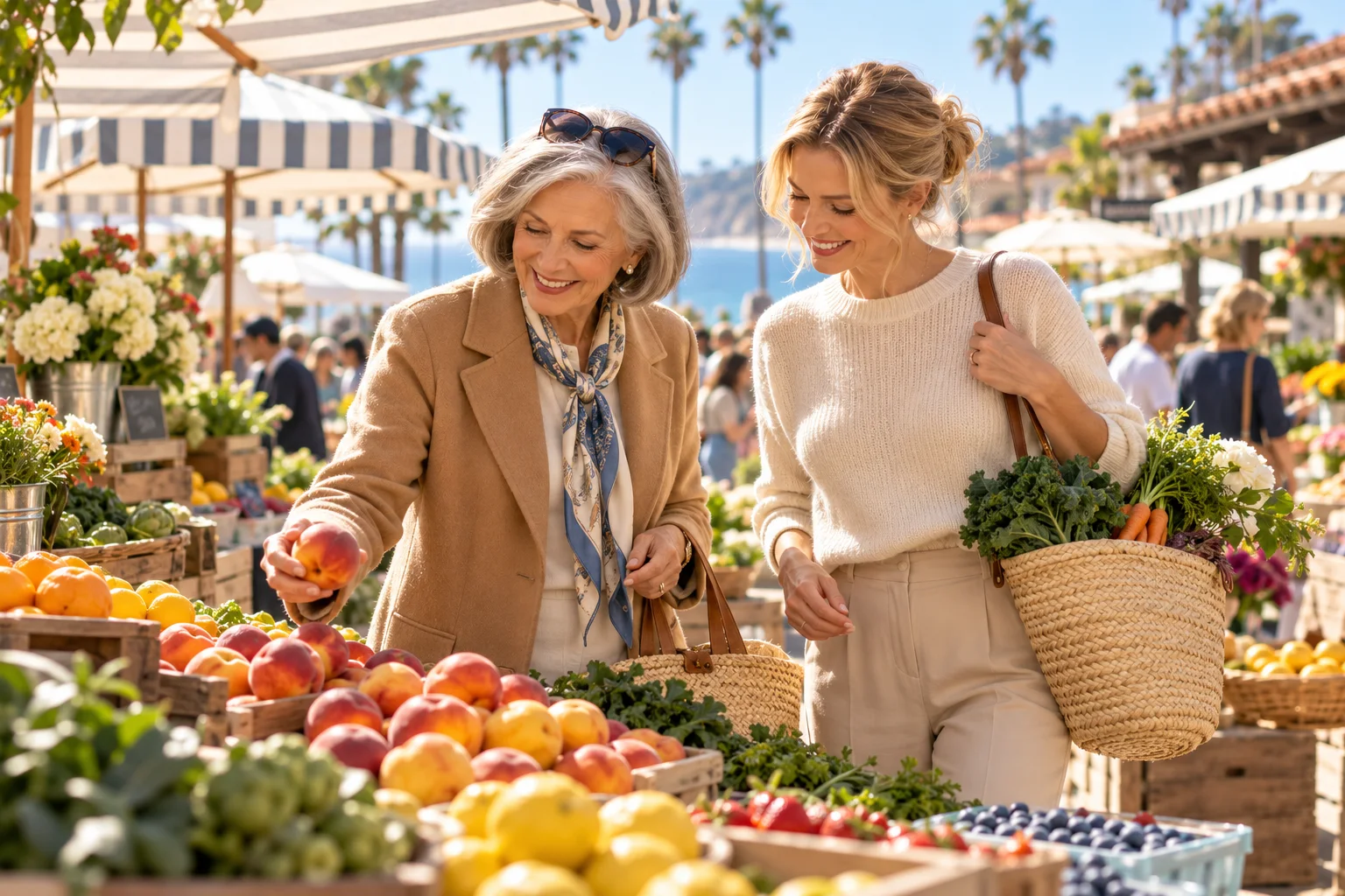A senior woman and her caregiver at a farmers market