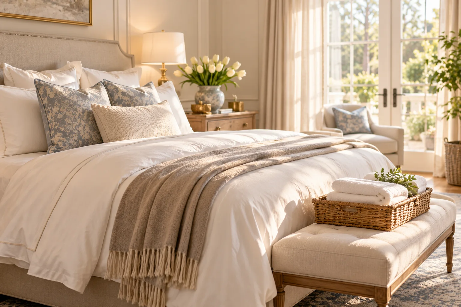 A neatly made bed with fresh linens