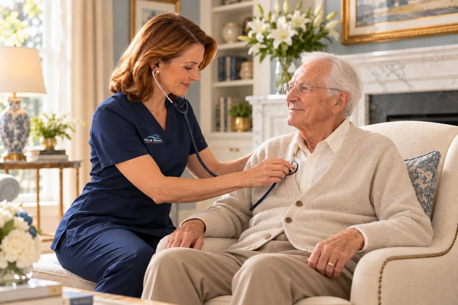 A West Shore nurse listening to a senior man's heartbeat at home