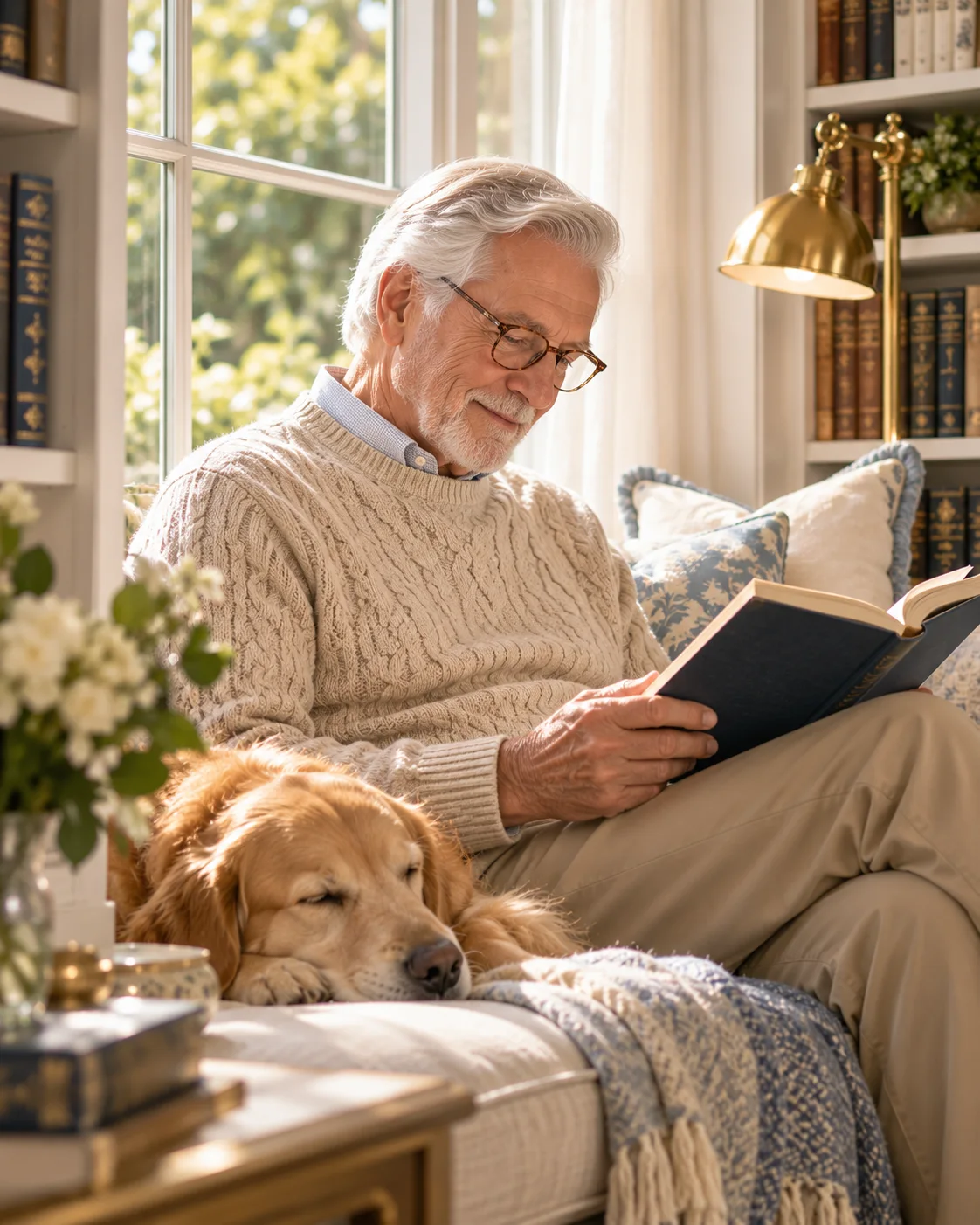 A senior man reading at home beside his dog