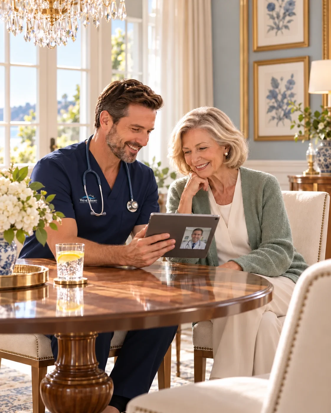 A West Shore nurse and a senior woman on a video call with her physician
