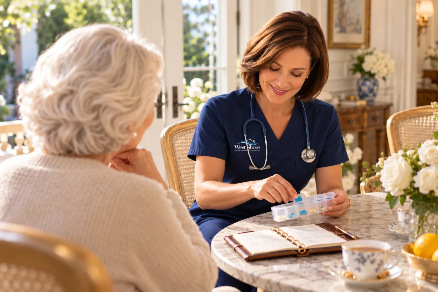 A nurse organizing a weekly pill planner